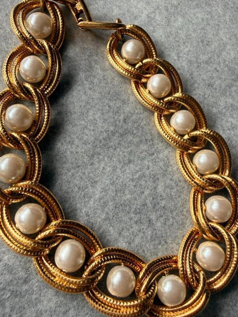 Vintage Napier Gold Tone Faux Pearl Link Statement Bracelet Signed Pat. Pend.